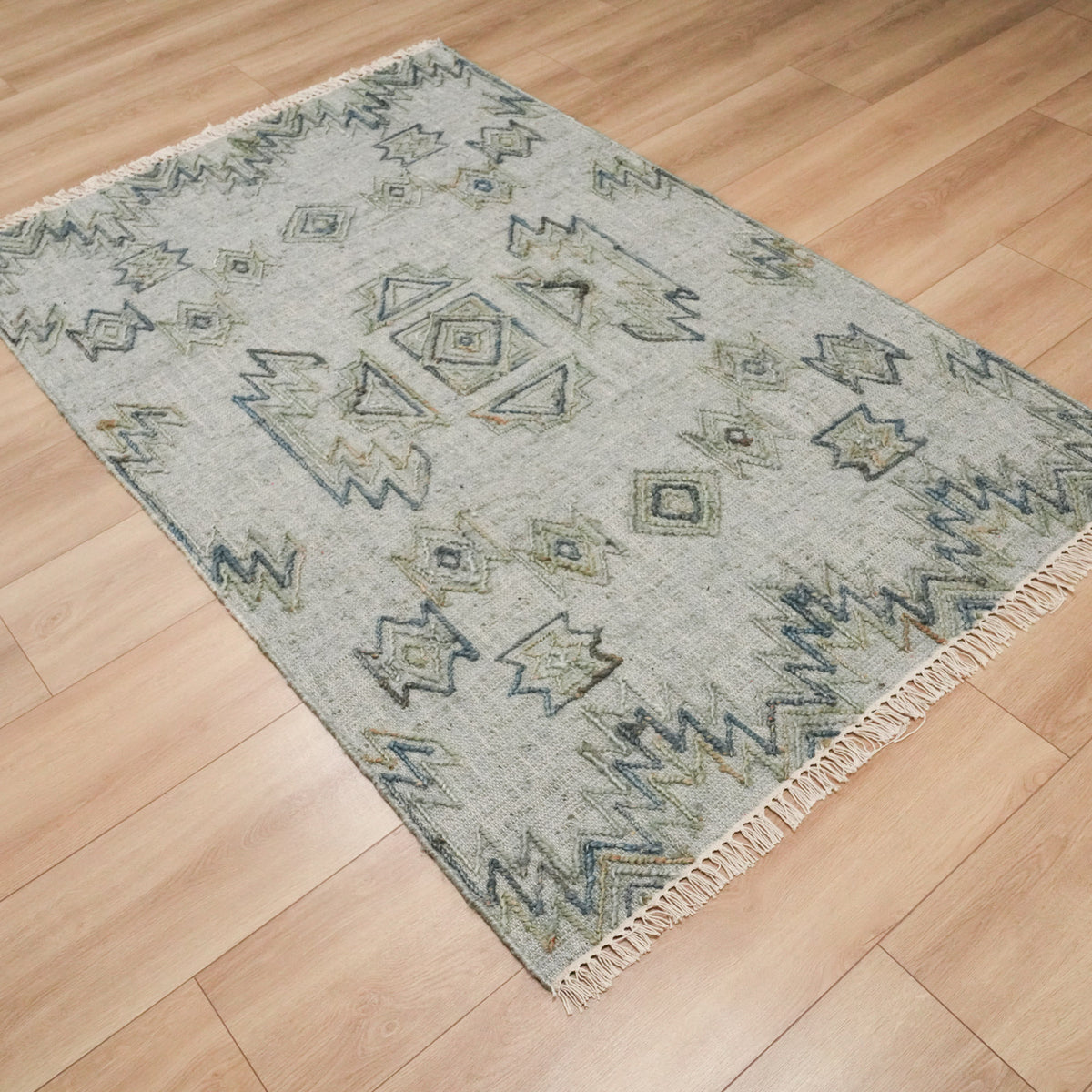 El Dokuma Geometrik Desenli Yeşil Hasır Kilim, 120x180 cm — Halıcızade