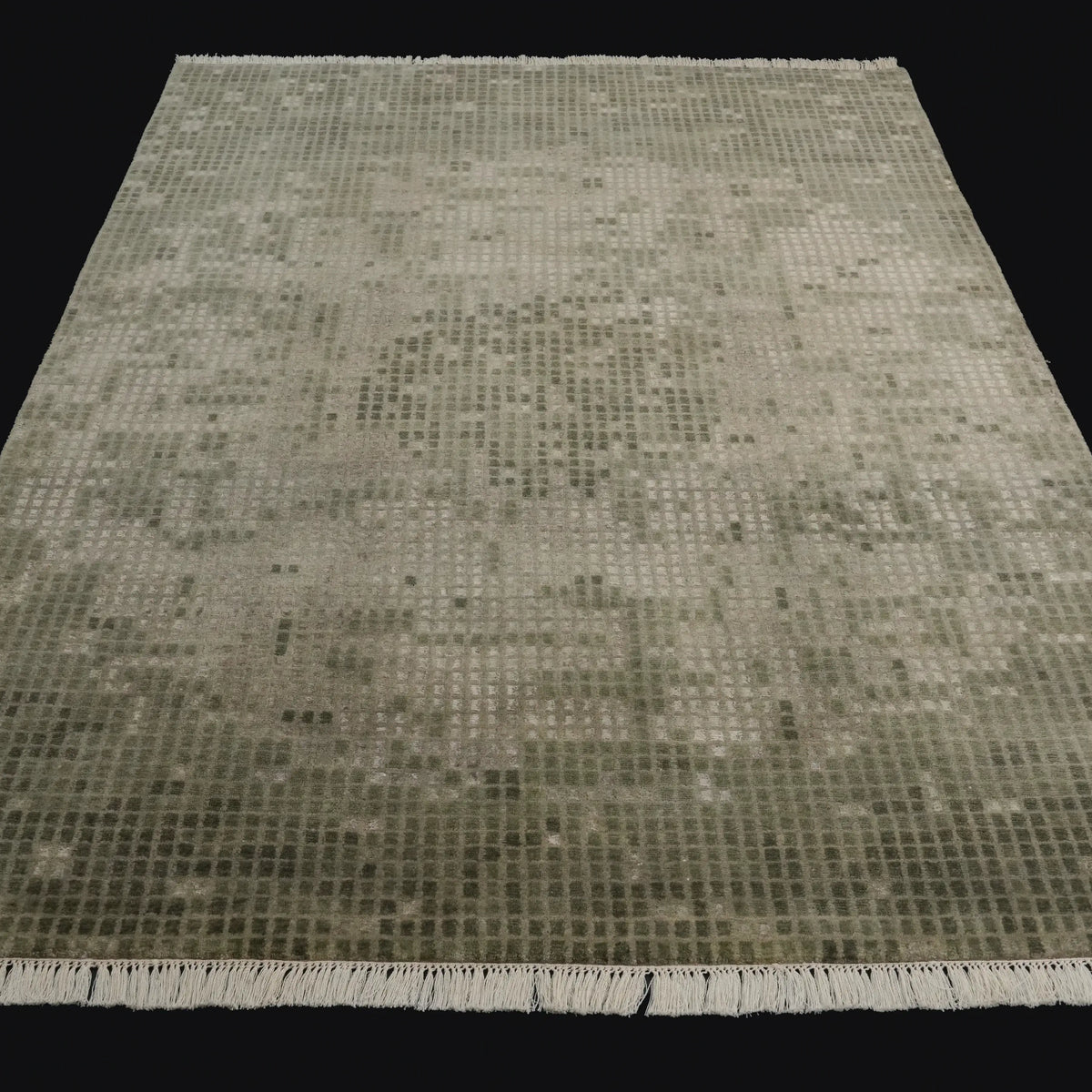 El Dokuma Geometrik Desenli Yün Yeşil Halı — 140x200, 170x240, 200x300 cm
