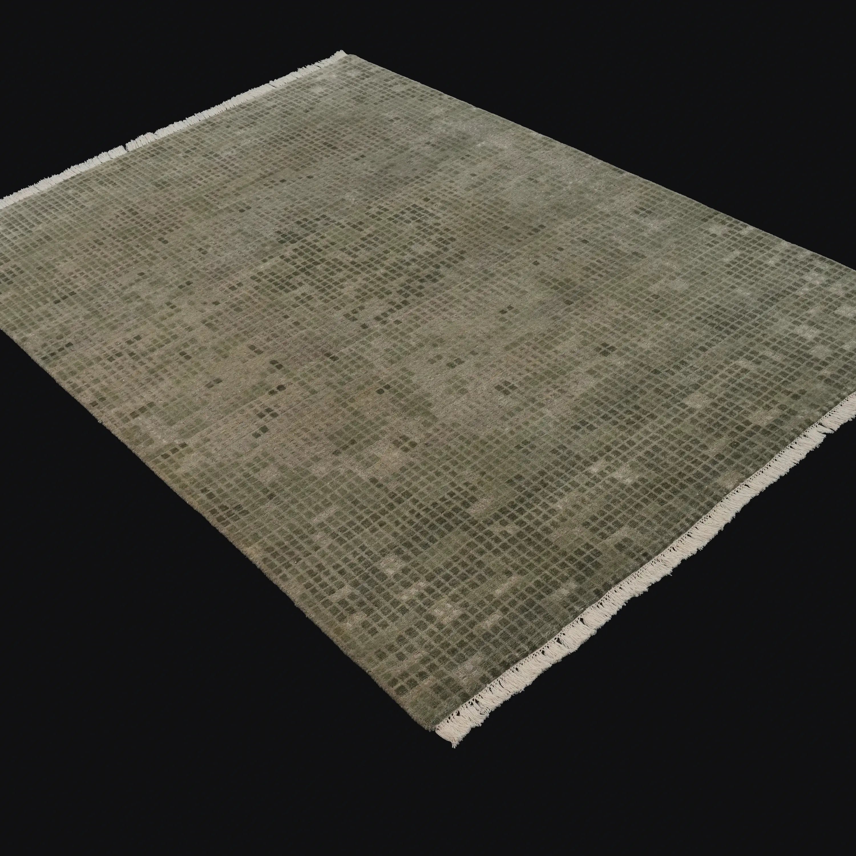 El Dokuma Geometrik Desenli Yün Yeşil Halı