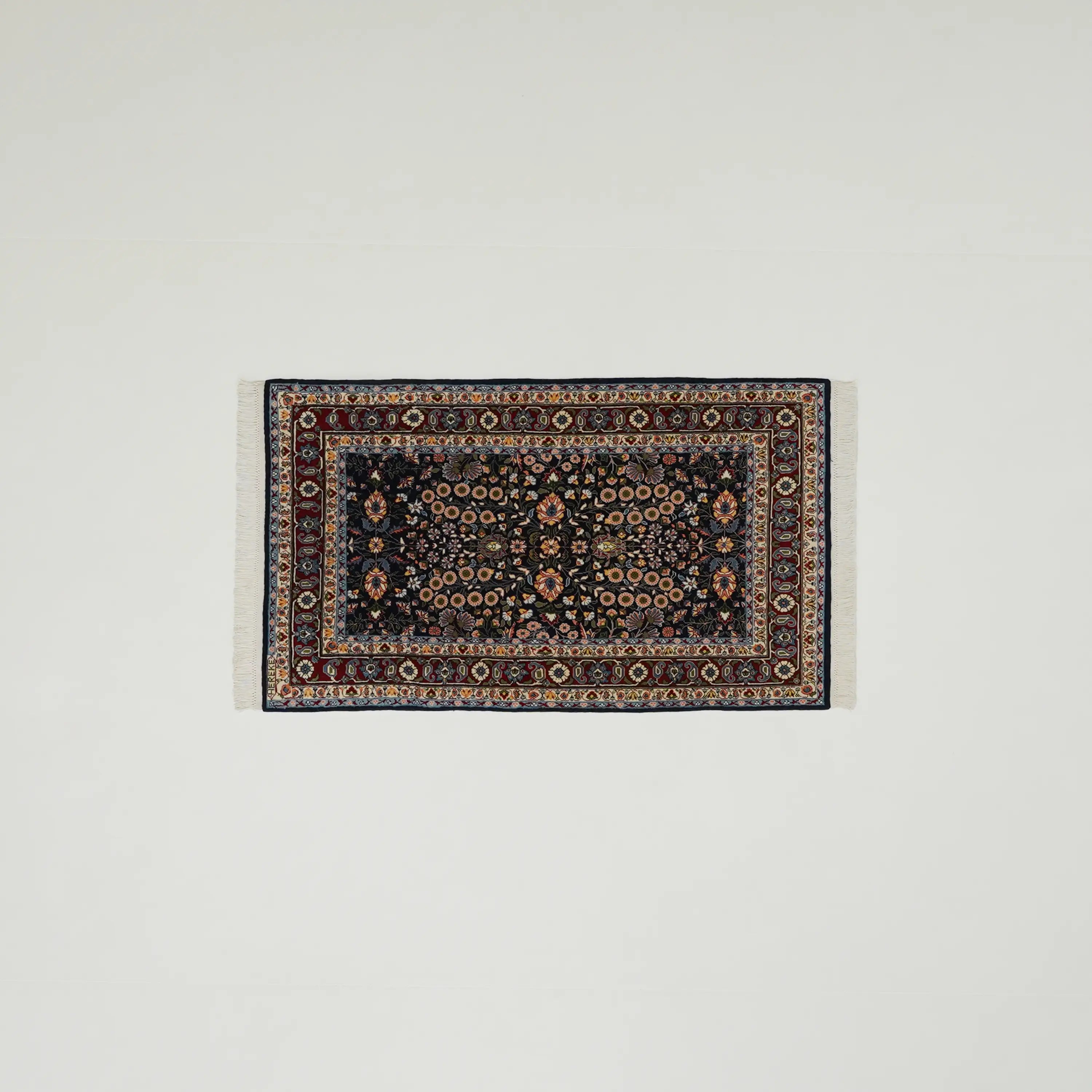 Handwoven Hereke Patterned Navy Blue Wool Rug