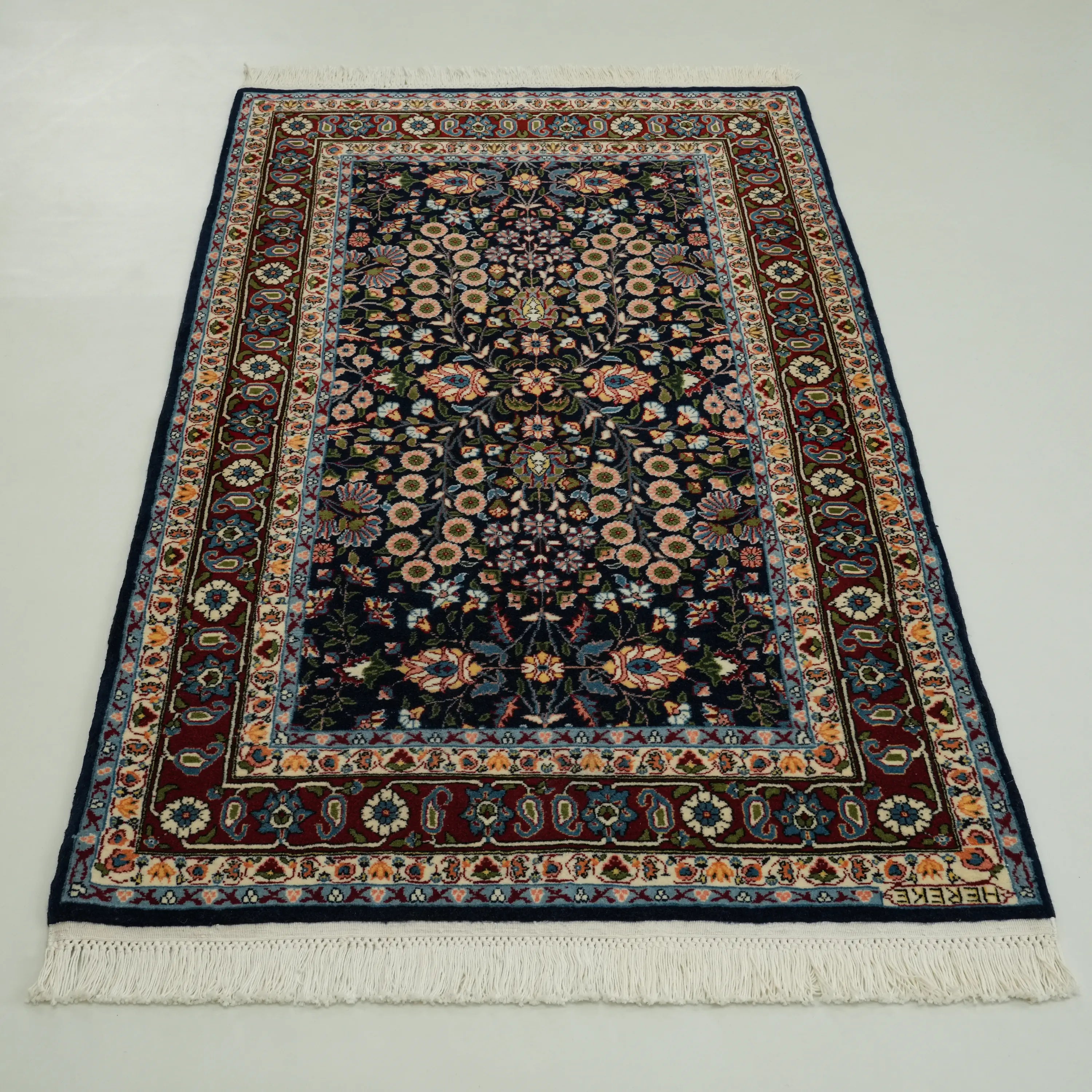 Handwoven Hereke Patterned Navy Blue Wool Rug