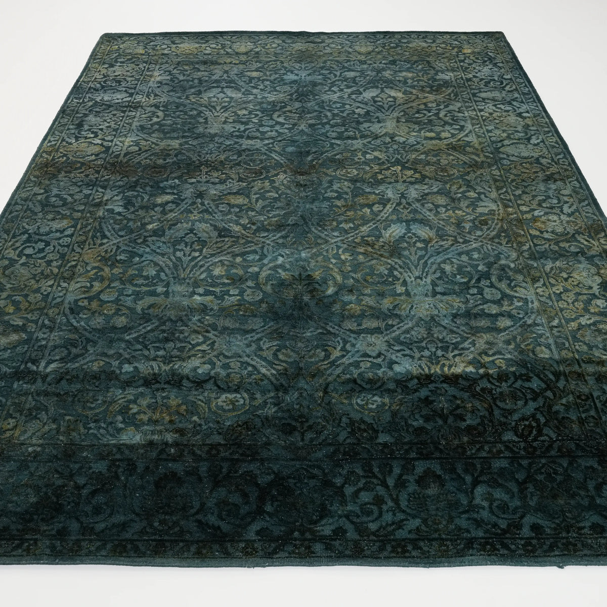 El Dokuma İpekli Vintage Desenli Mavi Halı — 201x297 cm