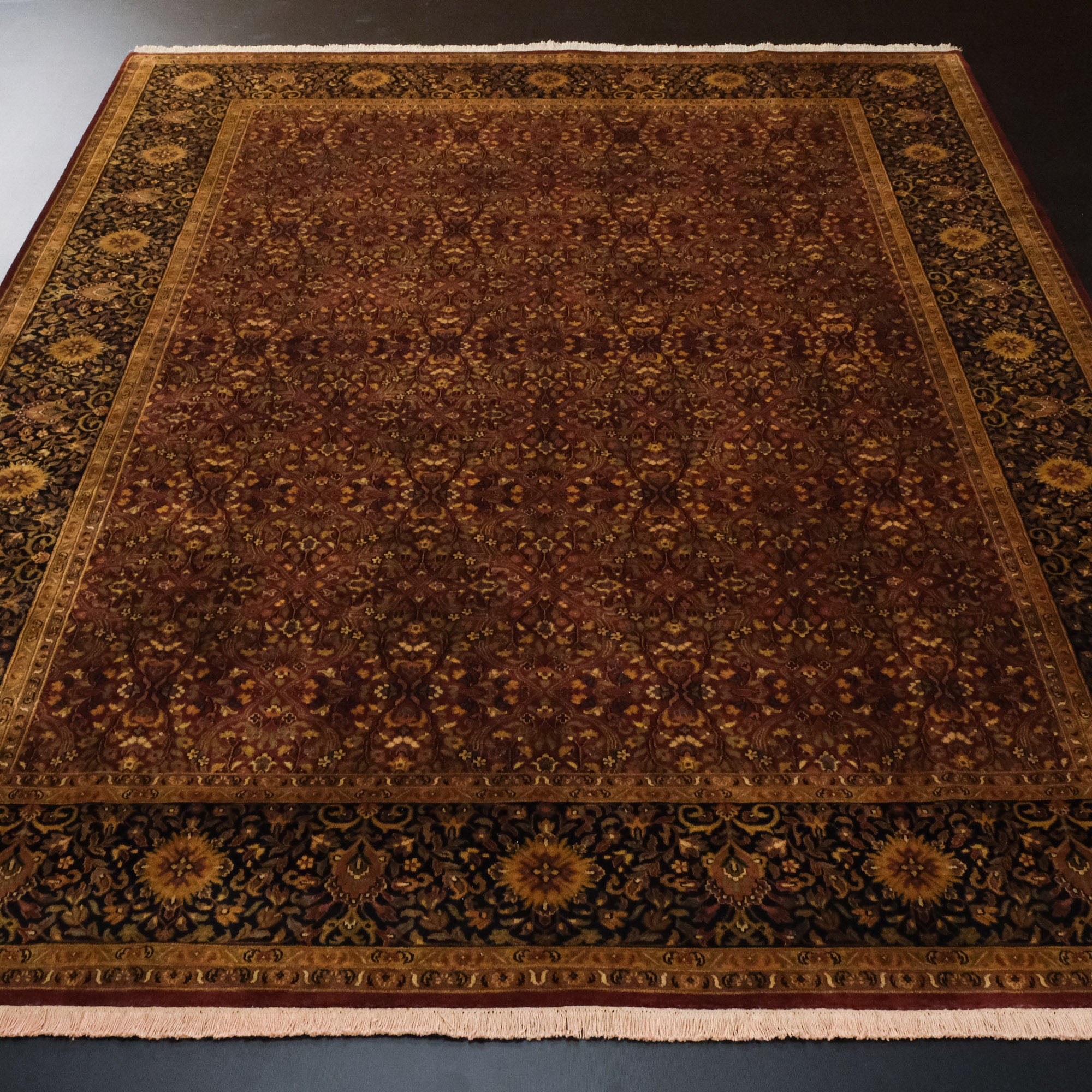 Hand-Woven Persian Patterned Brown Wool Carpet