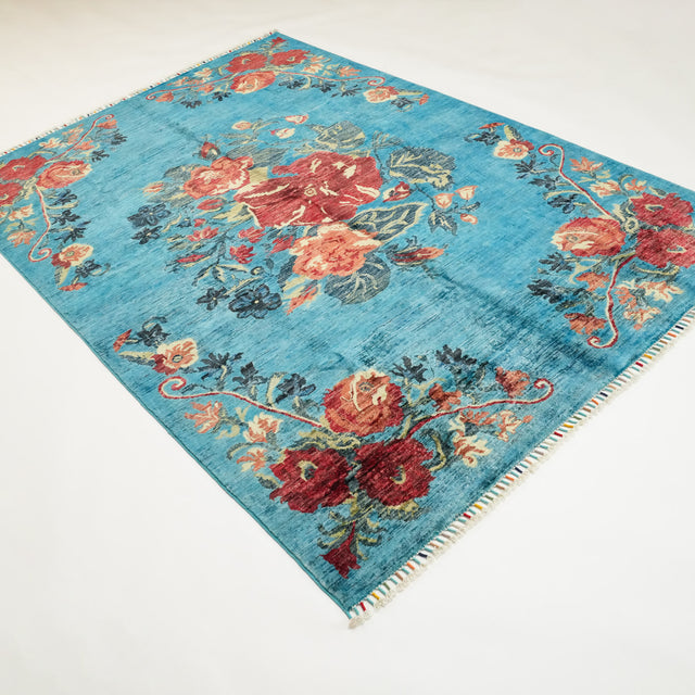 El Dokuma Karabağ Desenli Mavi Yün Etnik Halı, 170x244 cm — Halıcızade