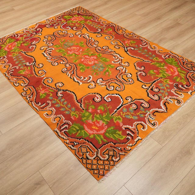 El Dokuma Karabağ Desenli Sarı Yün Kilim, 162x232 cm — Halıcızade