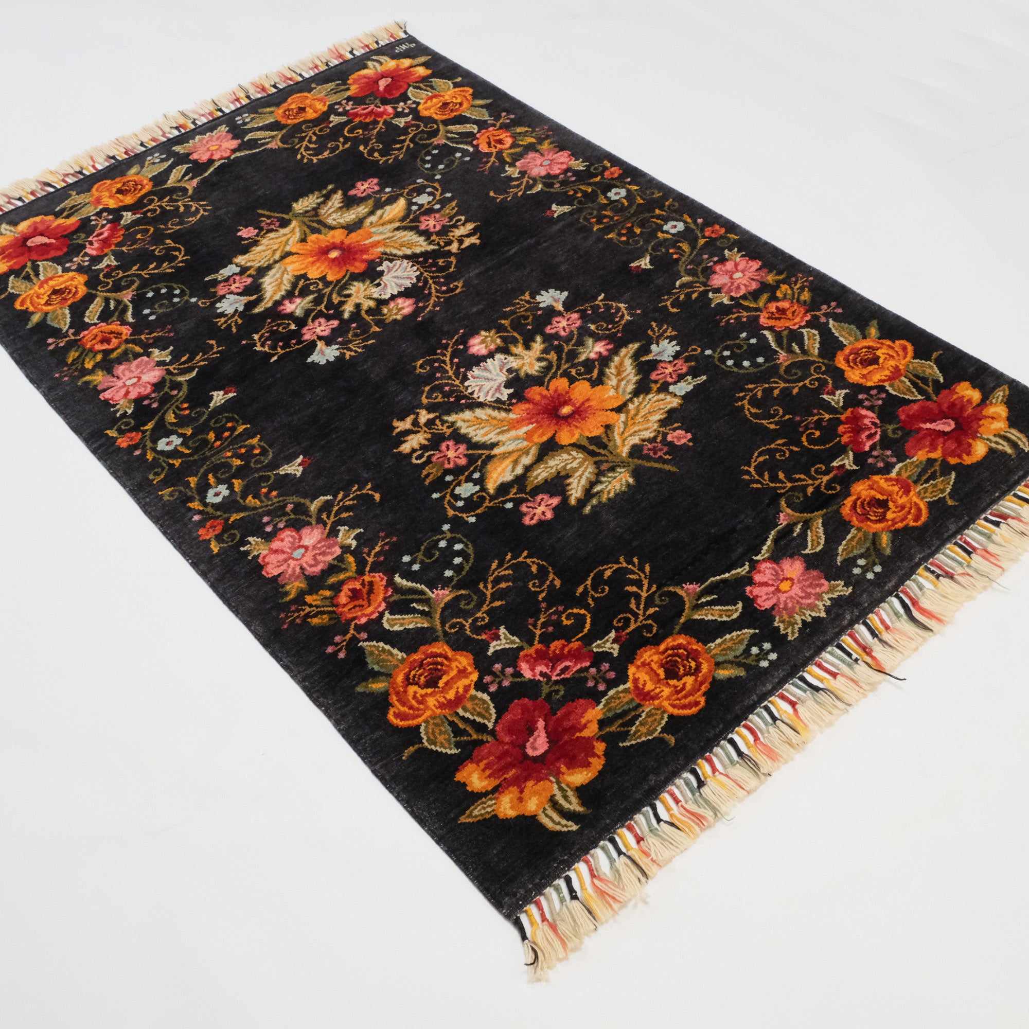Hand Woven Karabakh Patterned Black Wool Carpet