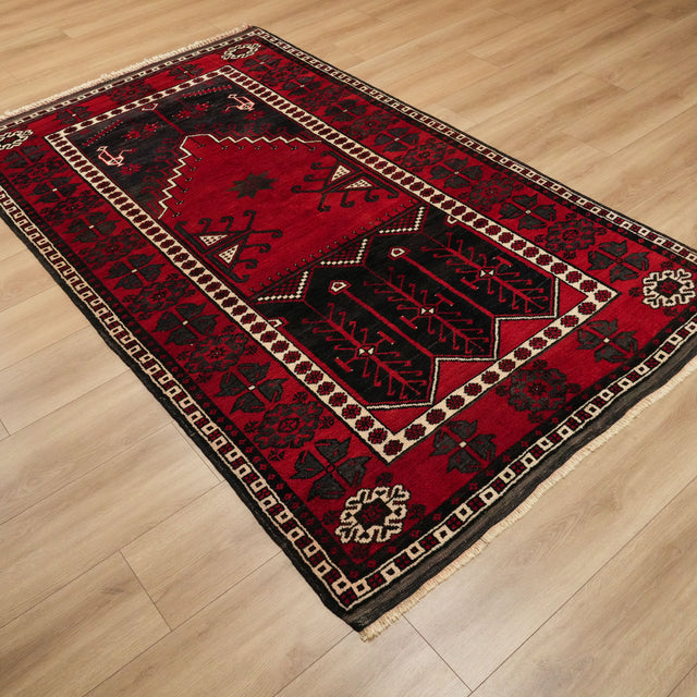 El Dokuma Yün Balıkesir Karakeçili Sandık Eskisi Kök Boya Halı, kırmızı, 153x251 cm — Halıcızade