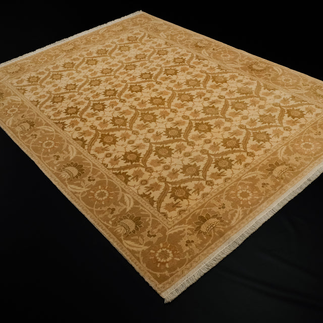 El Dokuma Bej Çerçeve Desenli Yün Halı, 196x254 cm — Halıcızade