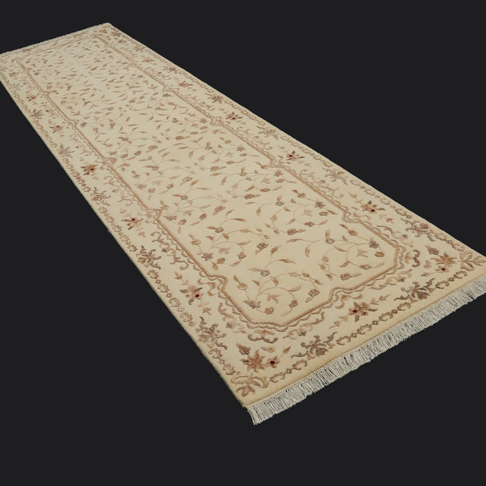 El Dokuma Krem Çiçek Desenli Yün Halı, 80x305 cm — Halıcızade
