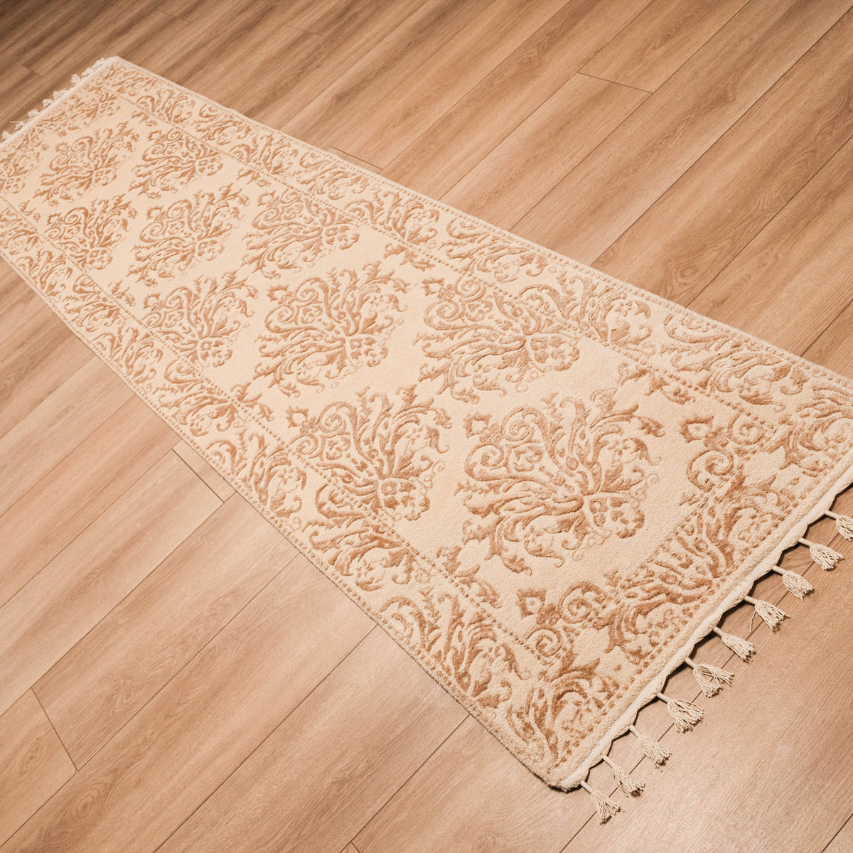 El Dokuma Krem Damask Desenli Halı, 80x300 cm — Halıcızade