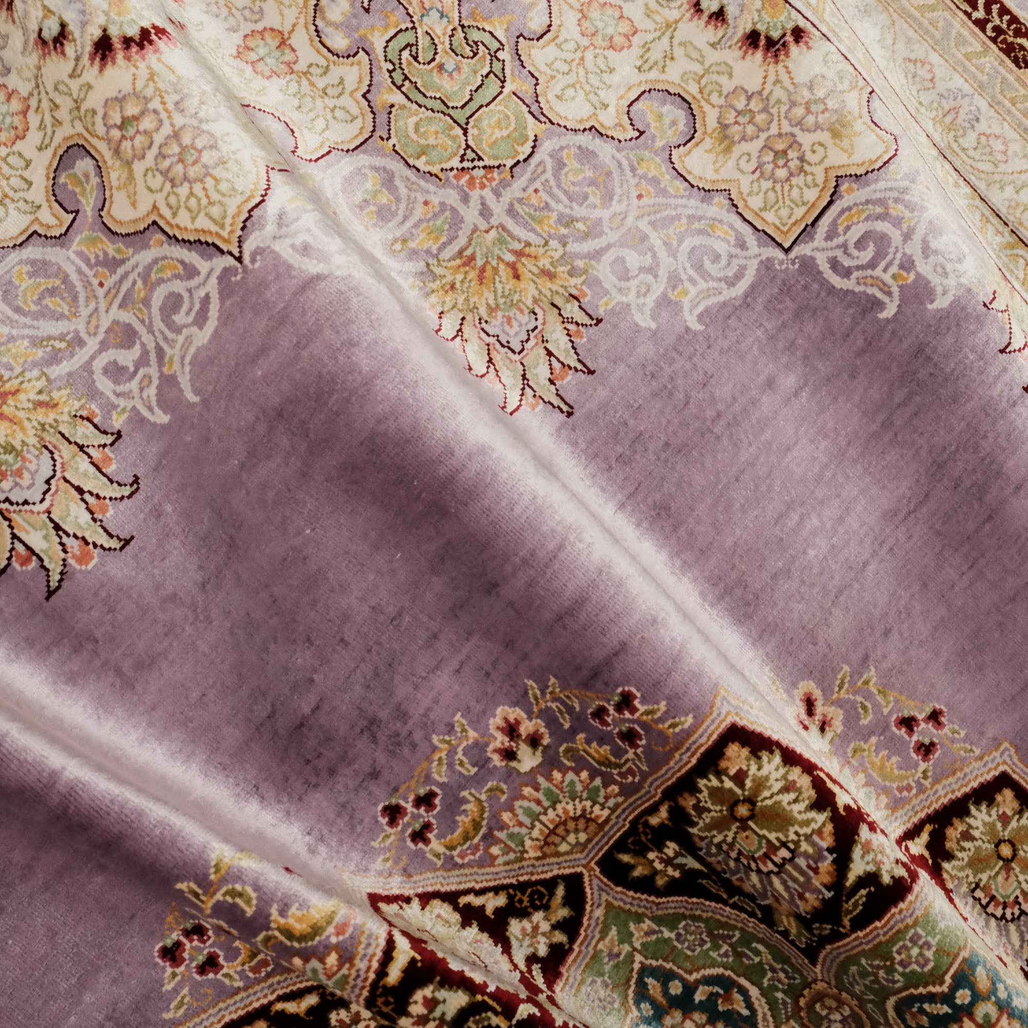 Hand Woven Purple Medallion Patterned Silk Carpet