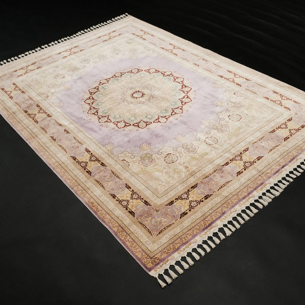 El Dokuma Mor Madalyon Desenli Saf İpek Halı, 170x240 cm — Halıcızade
