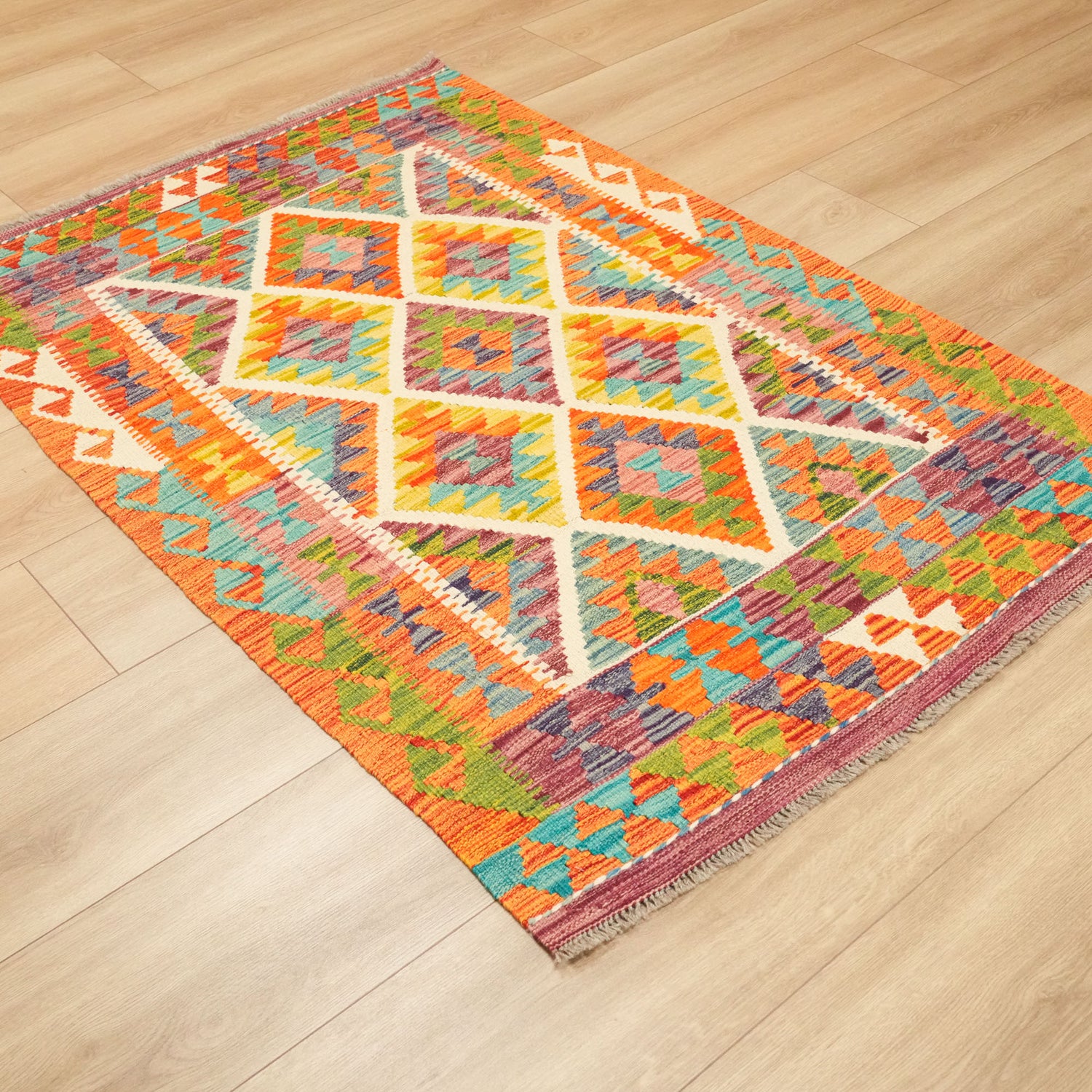 El Dokuma Otantik Desenli Yün Rengarenk Kilim, 100x150 cm — Halıcızade