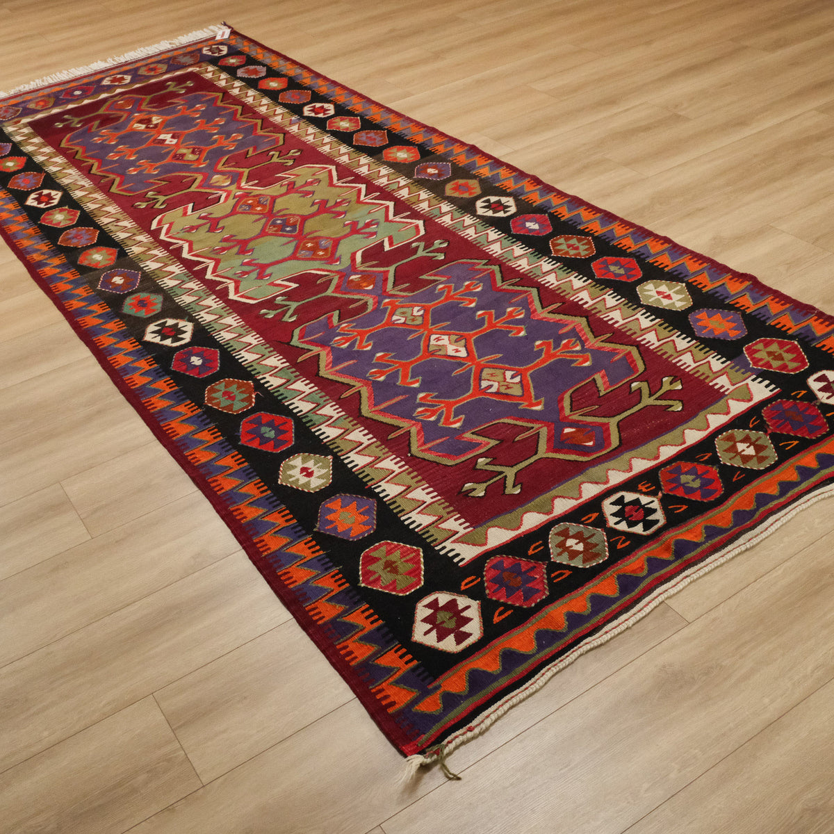 El Dokuma Anadolu Desenli Konya Akören Kilimi, rengarenk, 158x393 cm — Halıcızade