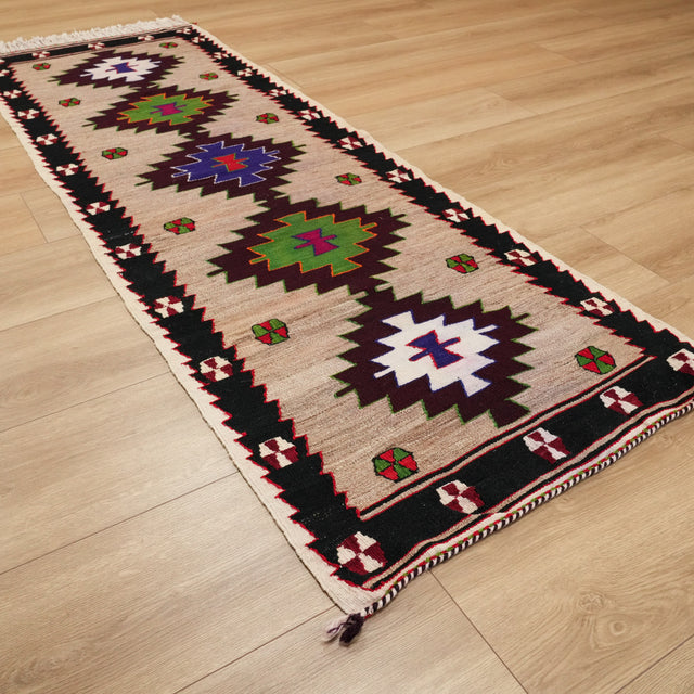 El Dokuma Anadolu Desenli Mut Köy Kilimi, gri, 75x213 cm — Halıcızade