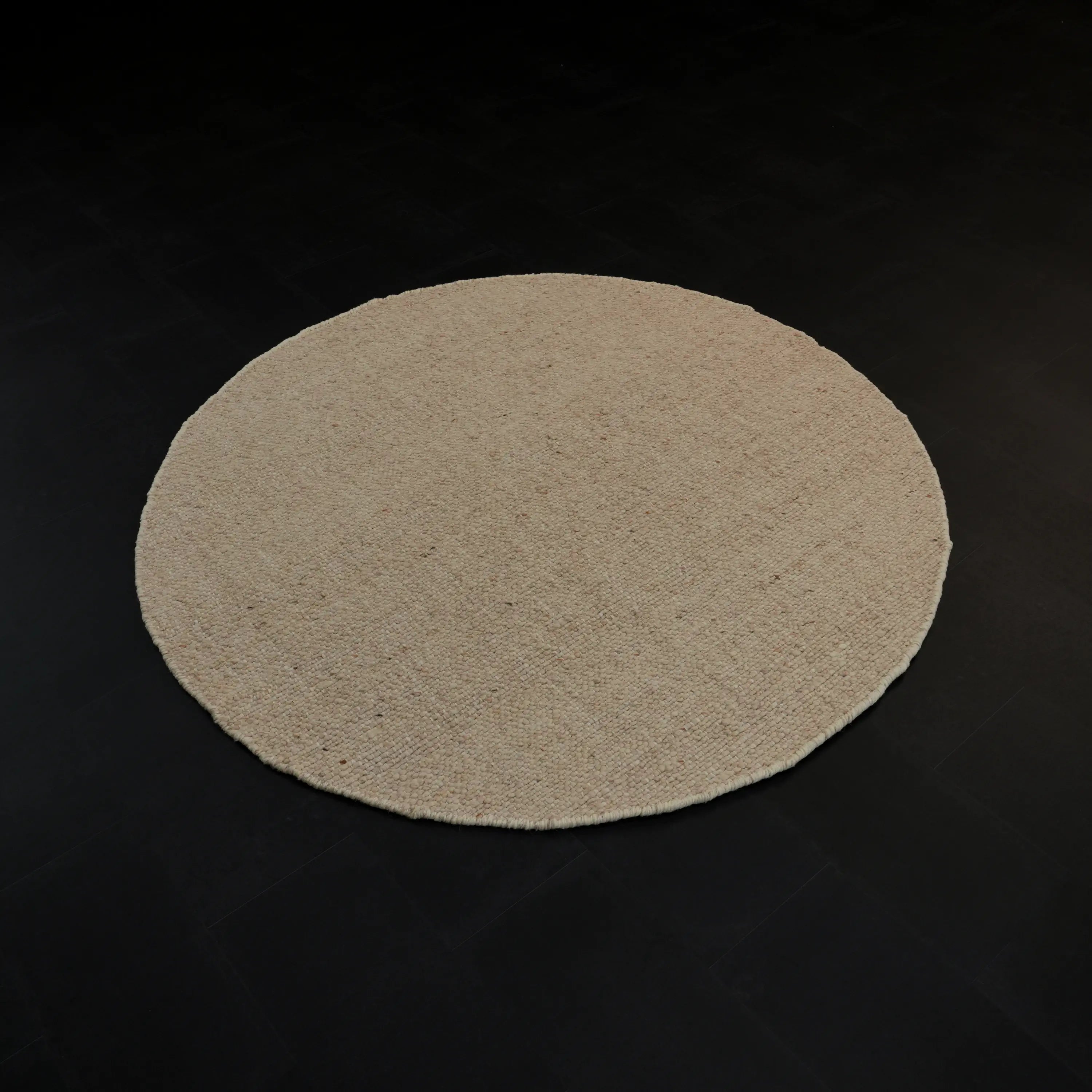 El Dokuma Sade Desenli Bej Yuvarlak Yün Halı