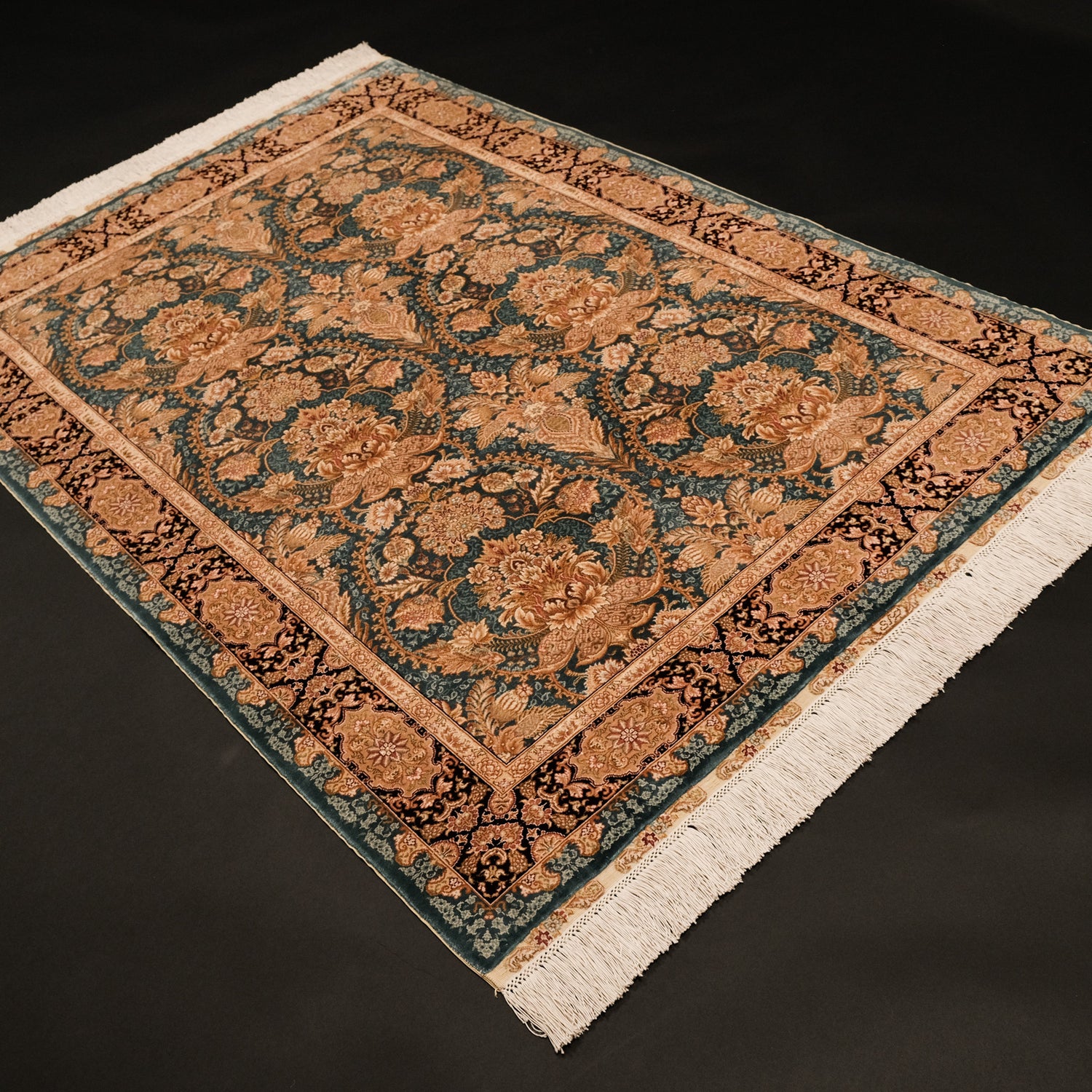 El Dokuma Saf İpek Uşak Desenli Mavi Halı, 108x159 cm — Halıcızade