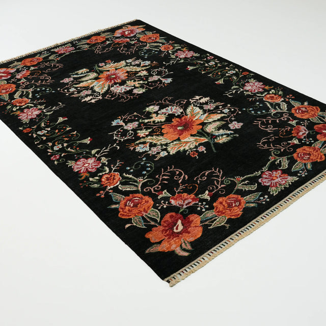 El Dokuma Siyah Karabağ Desenli Yün Siyah Halı, 173x253 cm — Halıcızade
