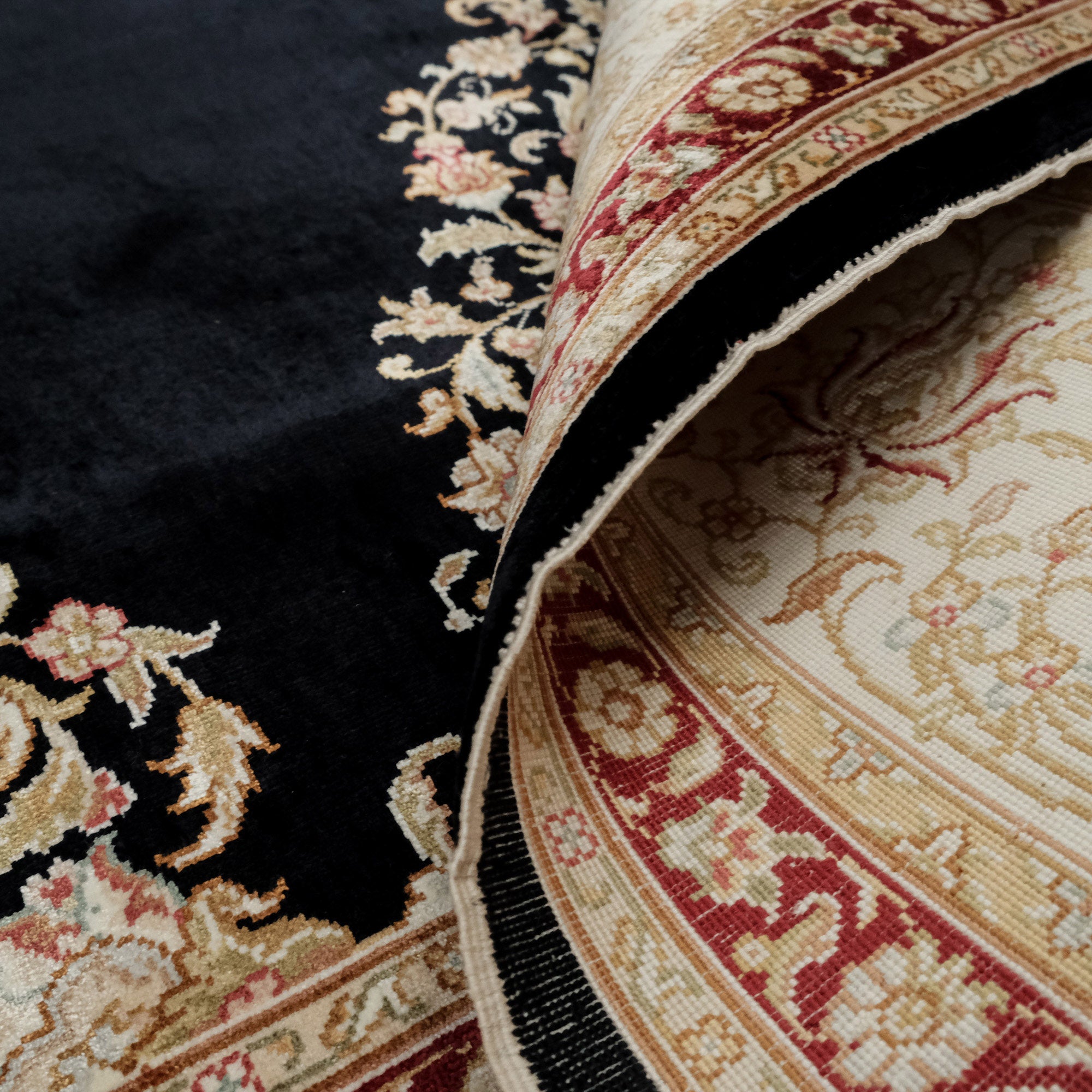 Hand Woven Black Medallion Patterned Carpet