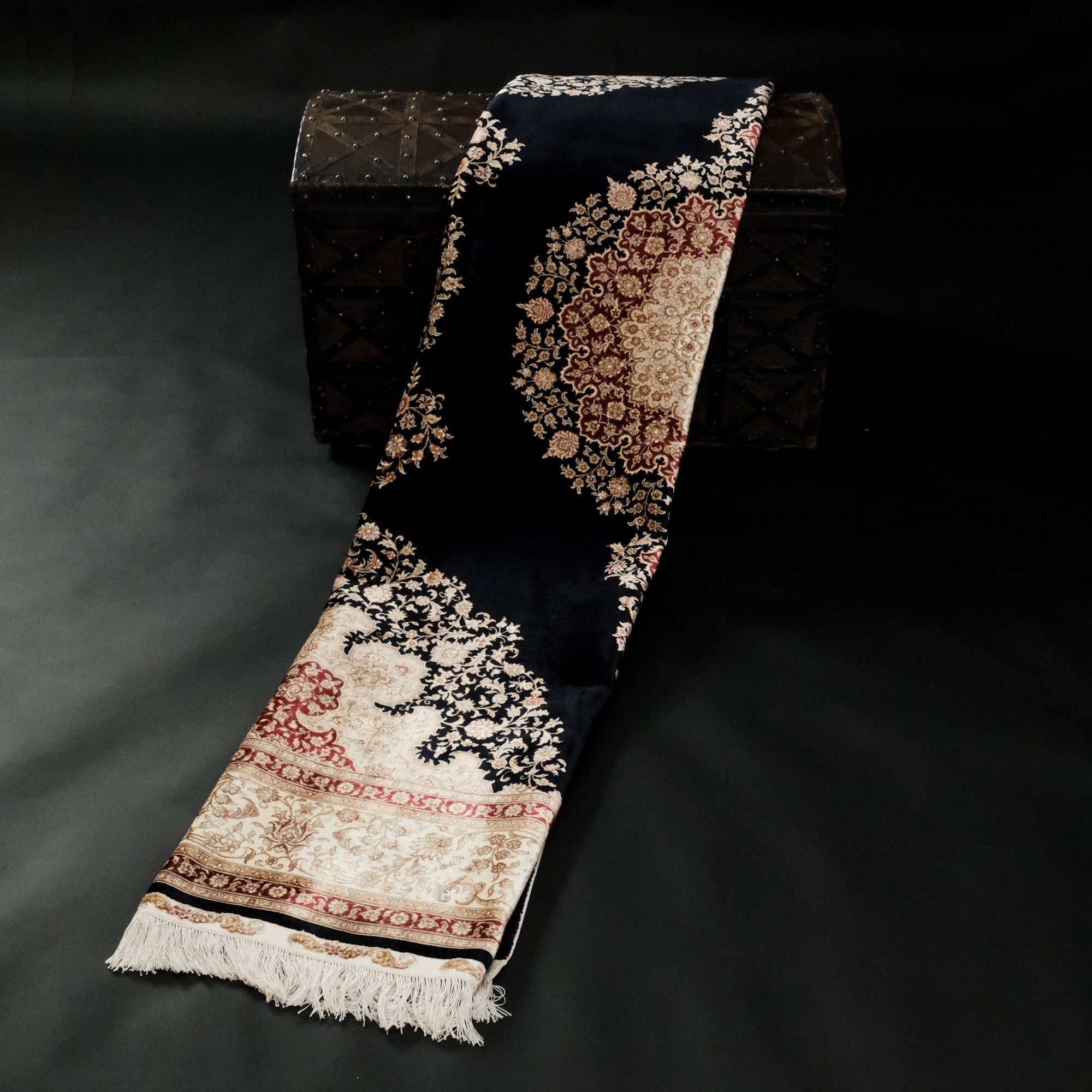 Hand Woven Black Medallion Patterned Carpet
