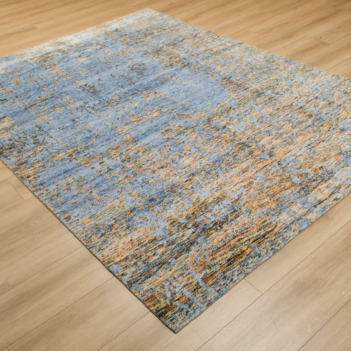 El Dokuma Soyut Desenli Mavi Bambu Halı, 212x290 cm — Halıcızade