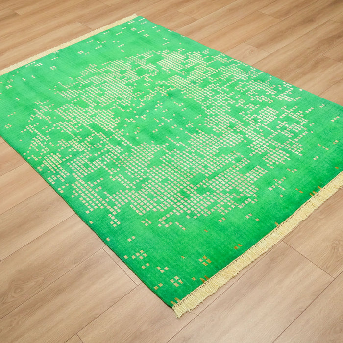 El Dokuma Soyut Desenli Yeşil Yün Halı, 140x200 cm — Halıcızade