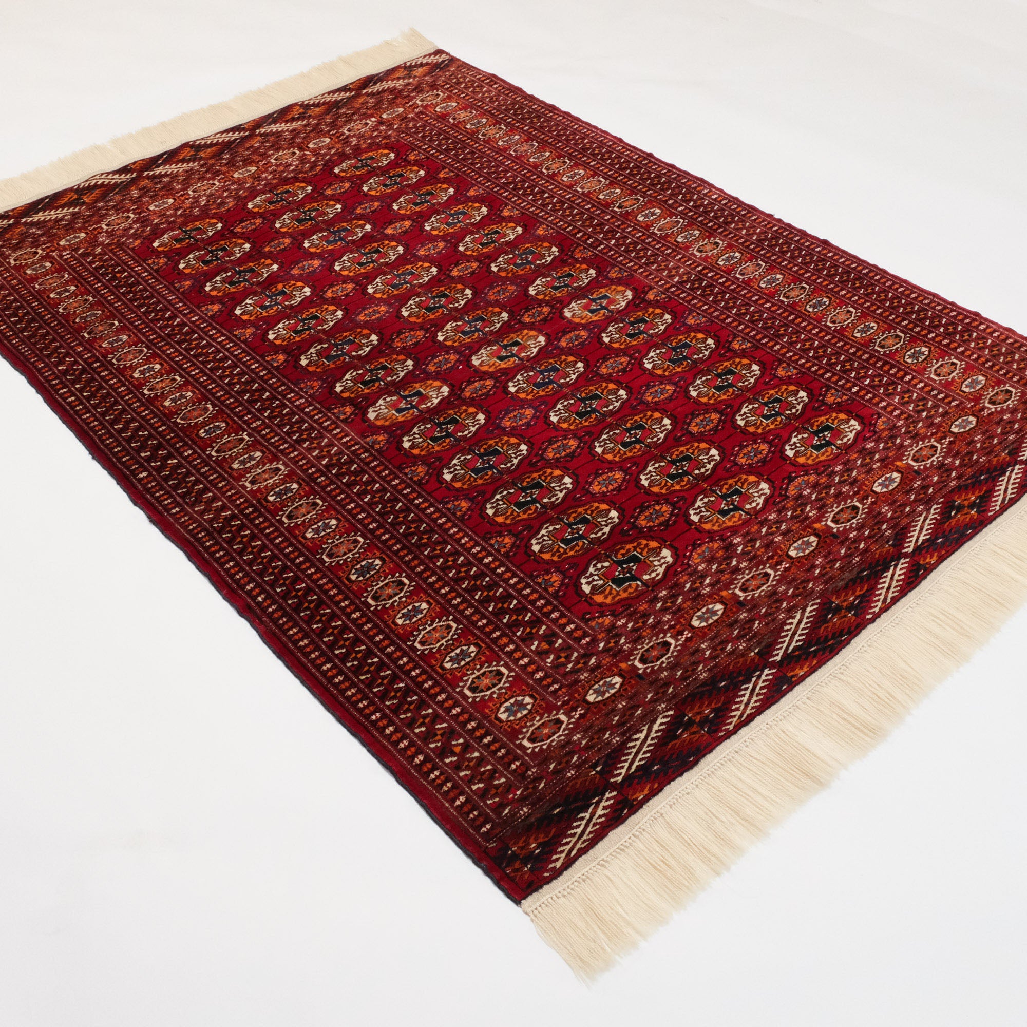 Hand Woven Turkmen Patterned Burgundy Wool Carpet