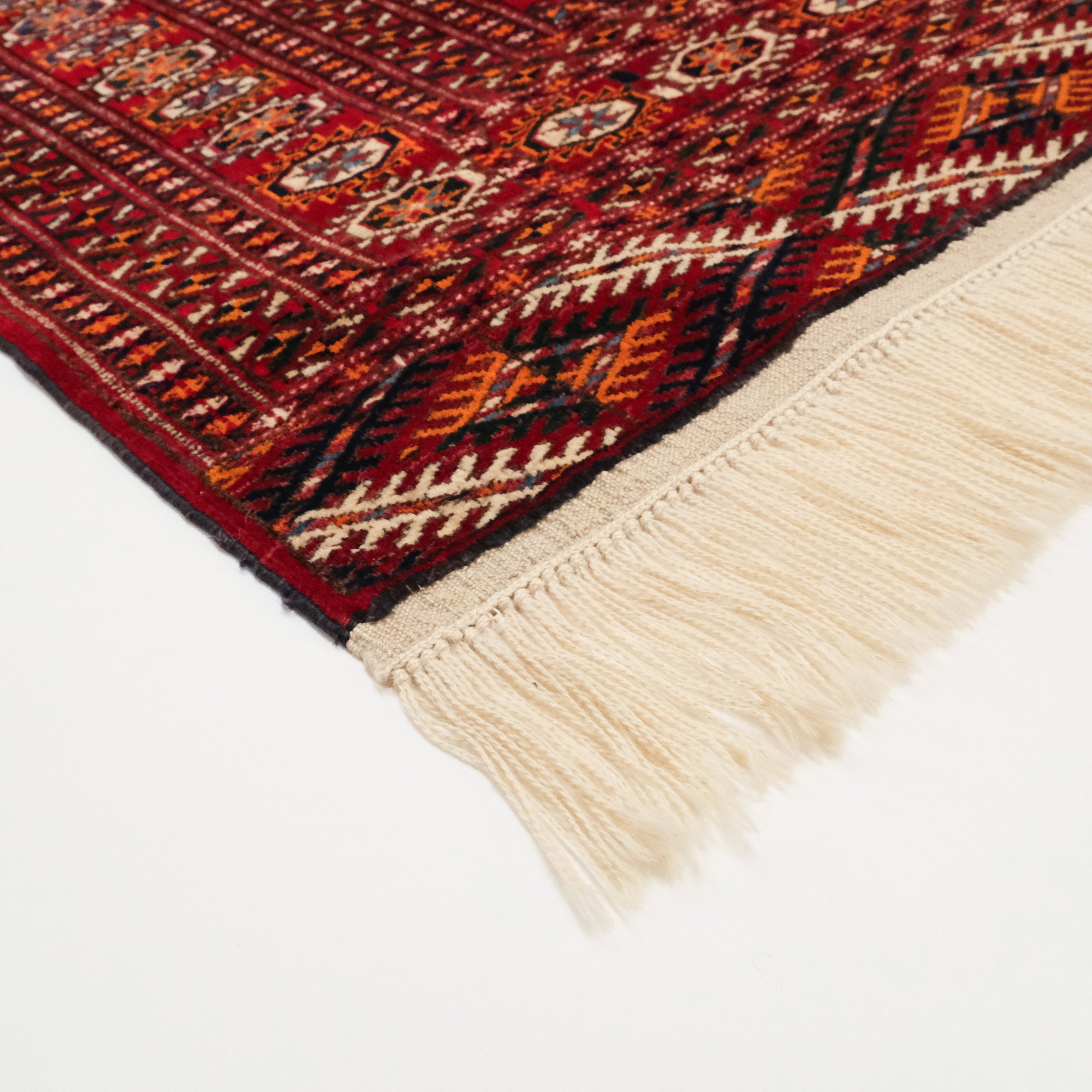 Hand Woven Turkmen Patterned Burgundy Wool Carpet