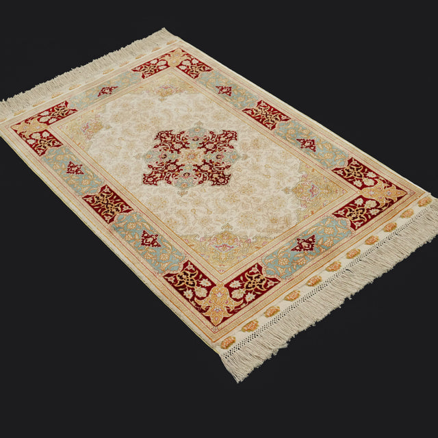 El Dokuma Uşak Desenli Krem İpek Halı, 60x93 cm — Halıcızade