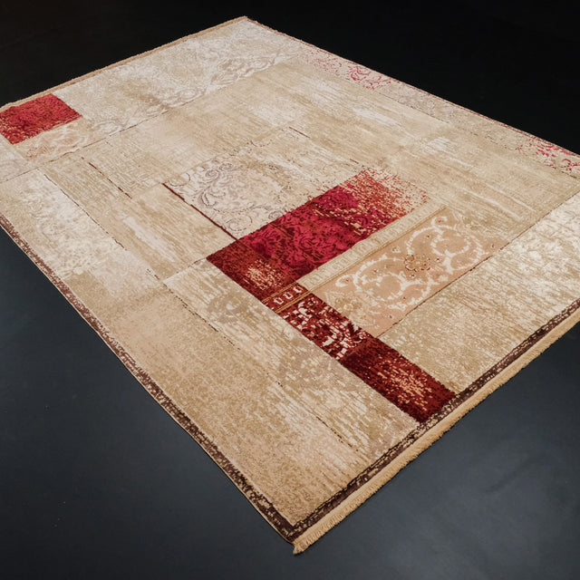 El Dokuma Vintage Desenli İpekli Yün Halı, bej, 181x252 cm — Halıcızade