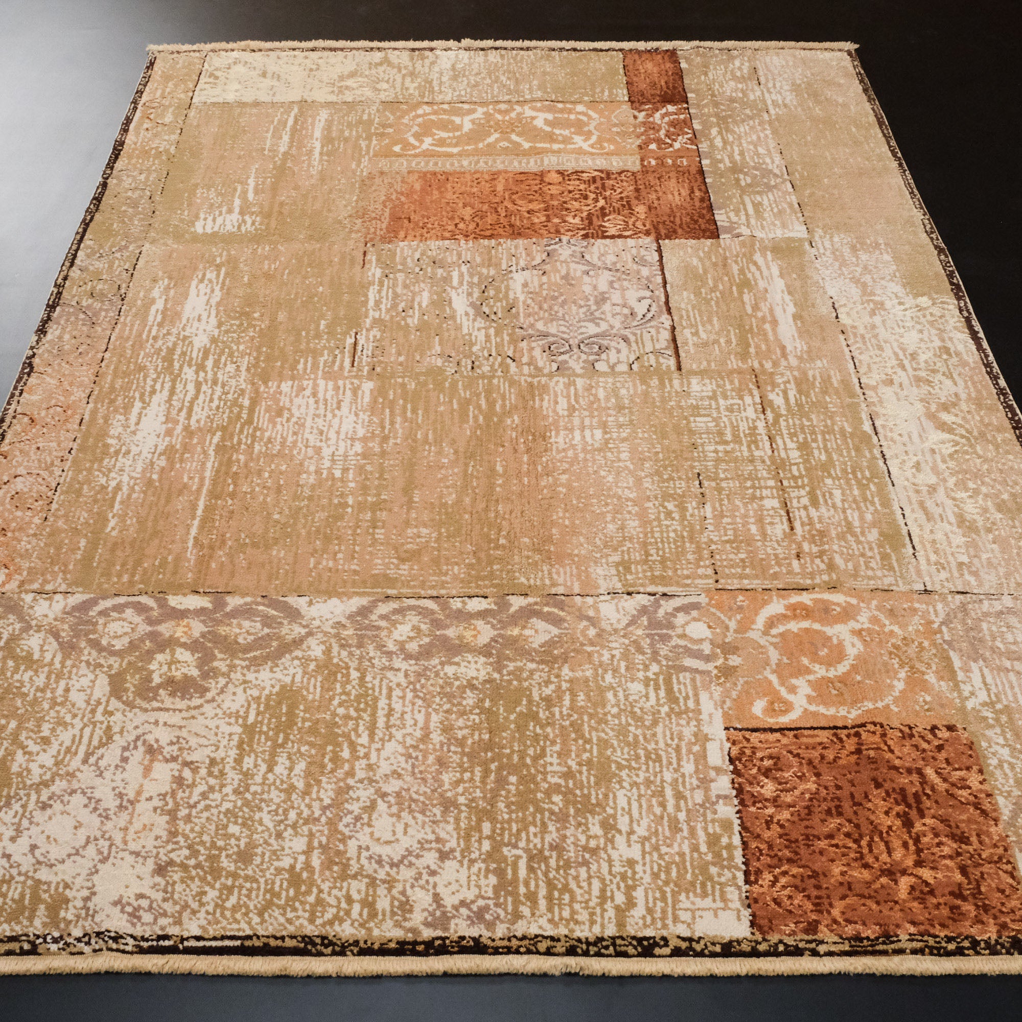 Hand Woven Beige Vintage Patterned Silk Carpet