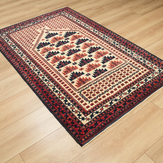 El Dokuma Yağcıbedir Desenli Krem Yün Seccade Halı, 112x176 cm — Halıcızade