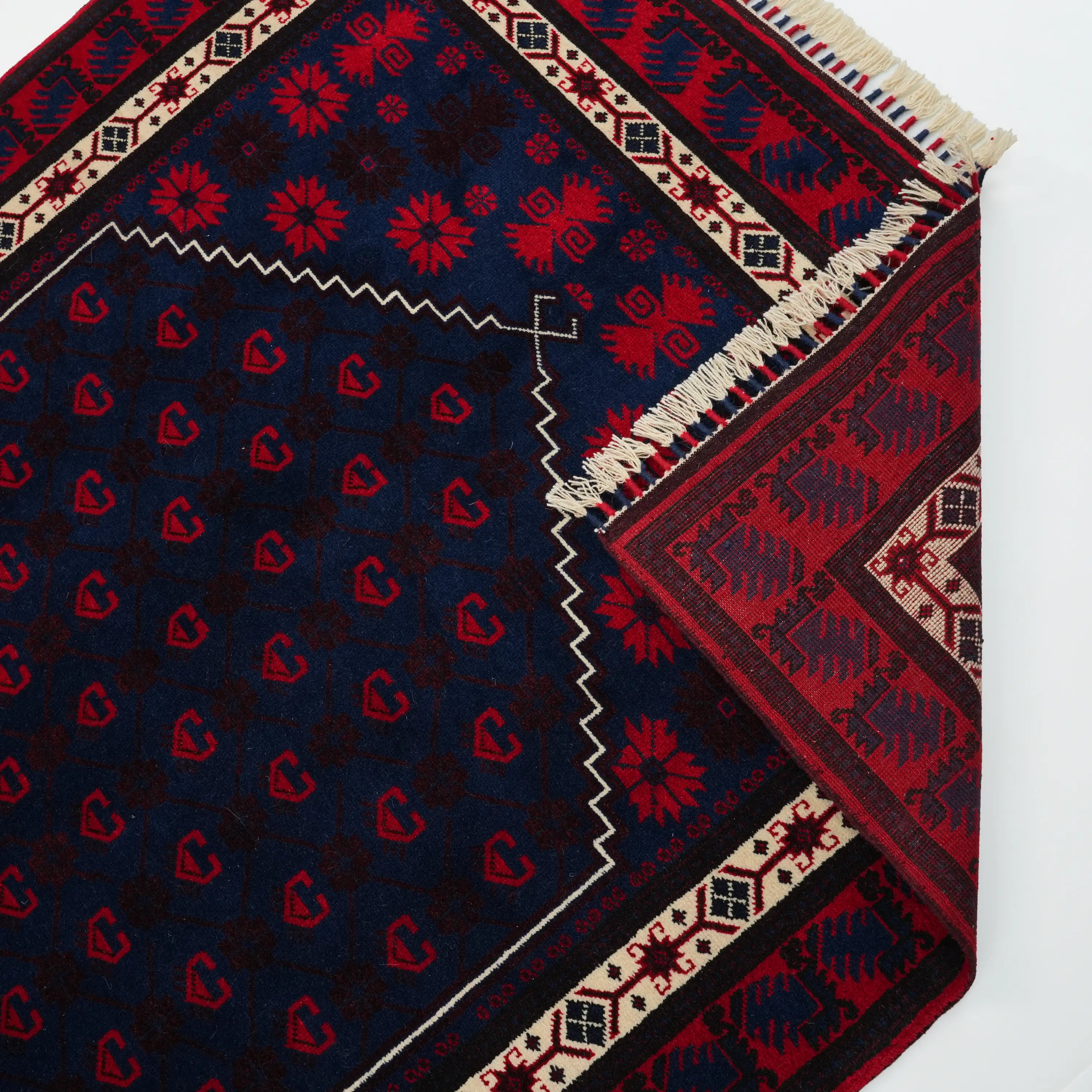 El Dokuma Yağcıbedir Desenli Lacivert Yün Etnik Halı