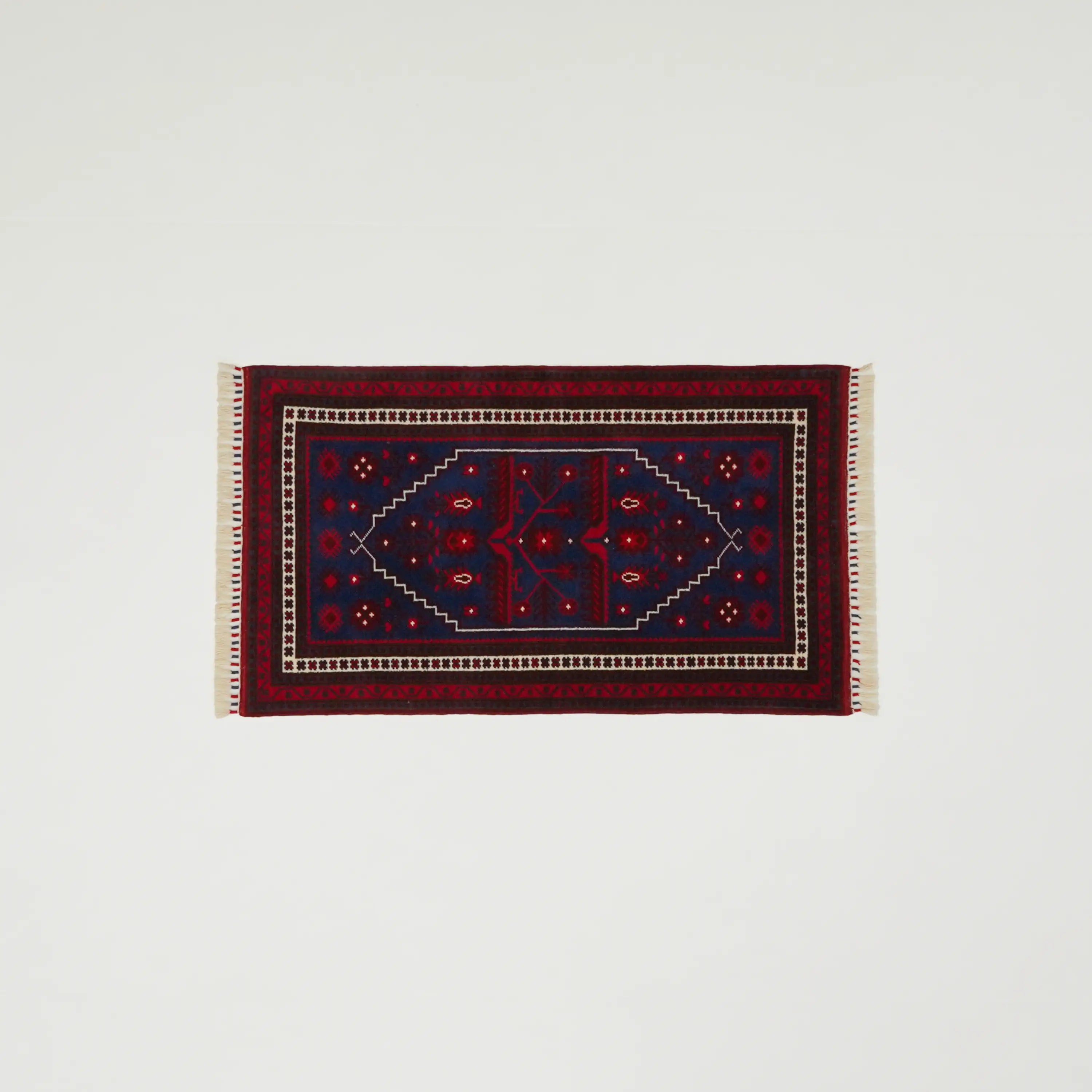 El Dokuma Yağcıbedir Desenli Lacivert Yün Etnik Halı