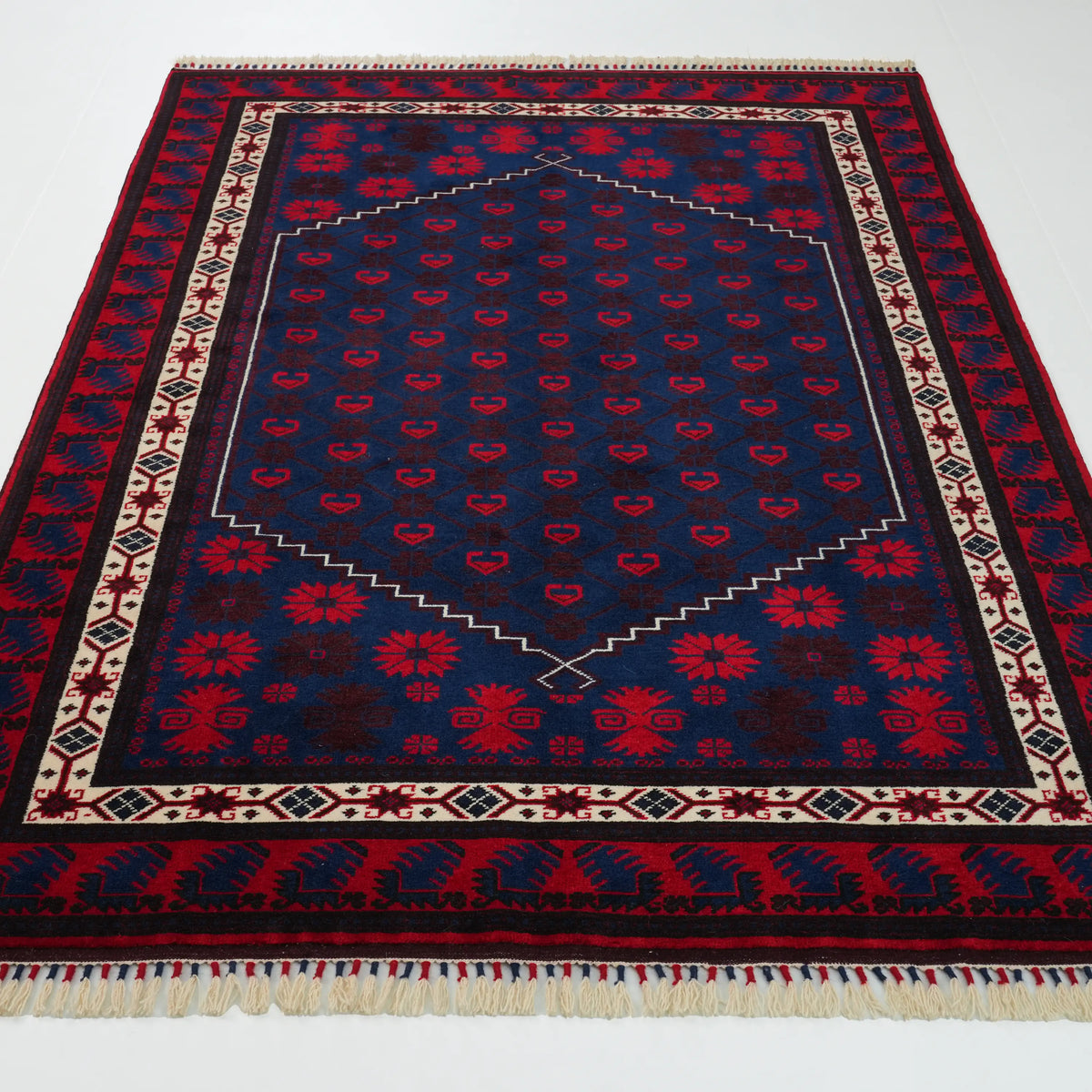 El Dokuma Yağcıbedir Desenli Lacivert Yün Etnik Halı — 171x245 cm