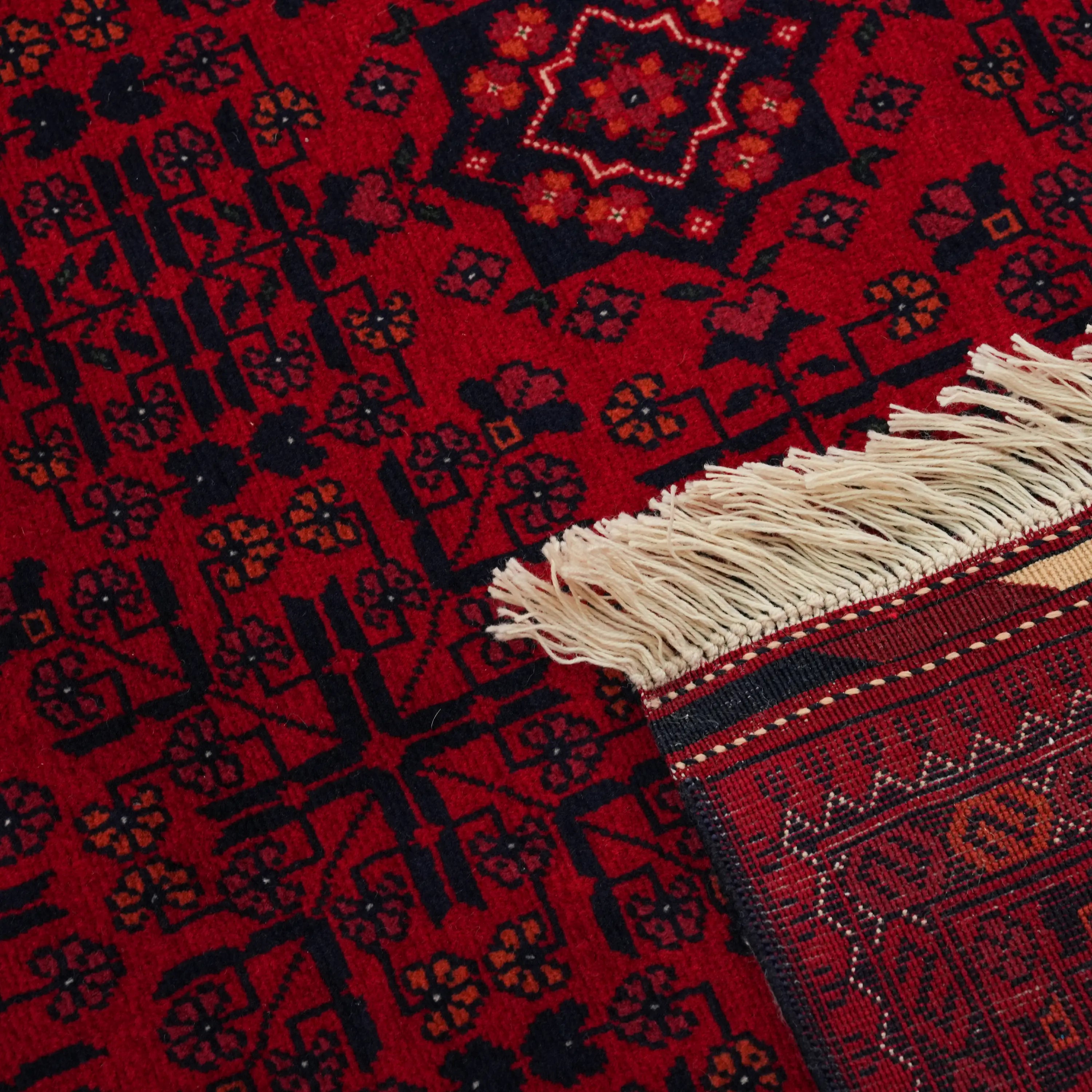 El Dokuma Yün Afgan Desenli Bordo Bilicik Etnik Halı