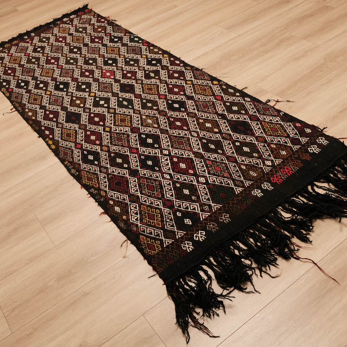El Dokuma Anadolu Desenli Yün Sandık Eskisi Yöre Cicim Kilim, siyah, 96x250 cm — Halıcızade