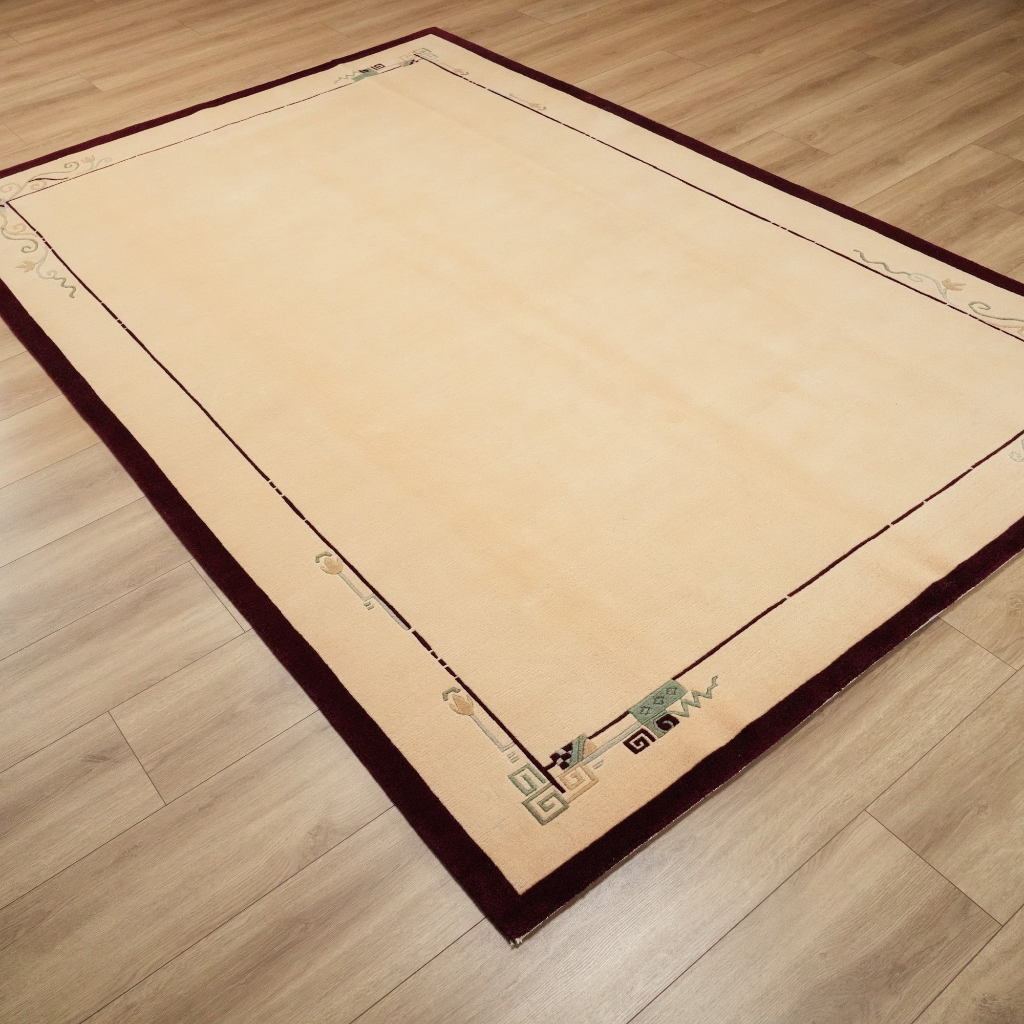 Hand Woven Wool Frame Patterned Cream Carpet