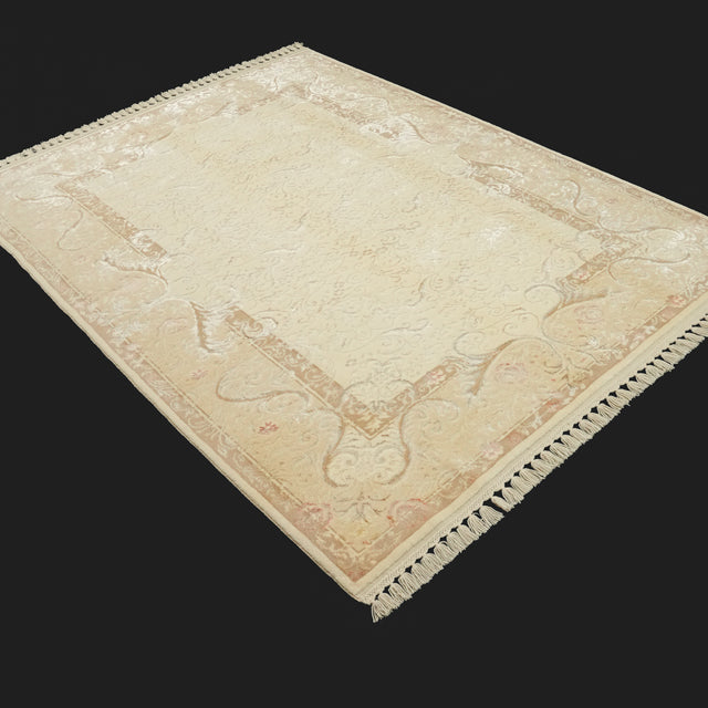 Cream Classic Floral Hand-Knotted Wool and Viscose Rug, 173×228 cm Halıcızade