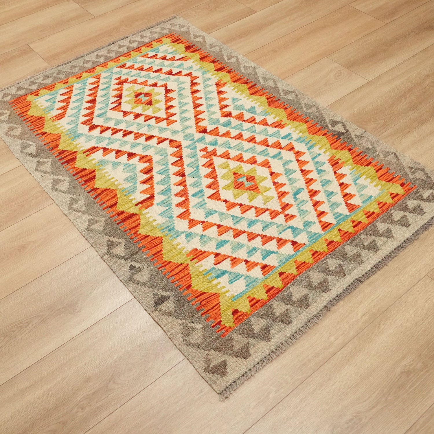 El Dokuma Yün Rengarenk Etnik Desenli Kilim, 101x154 cm — Halıcızade