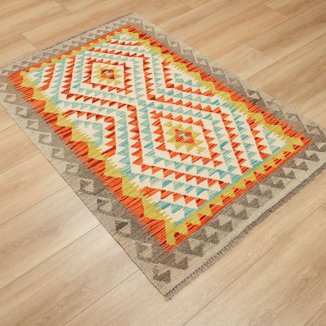 El Dokuma Yün Rengarenk Etnik Desenli Kilim, 101x154 cm — Halıcızade