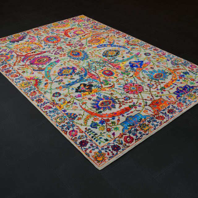 Elvan Serisi El Dokuma Uşak Desenli Rengarenk İpekli Halı, 182x273 cm — Halıcızade