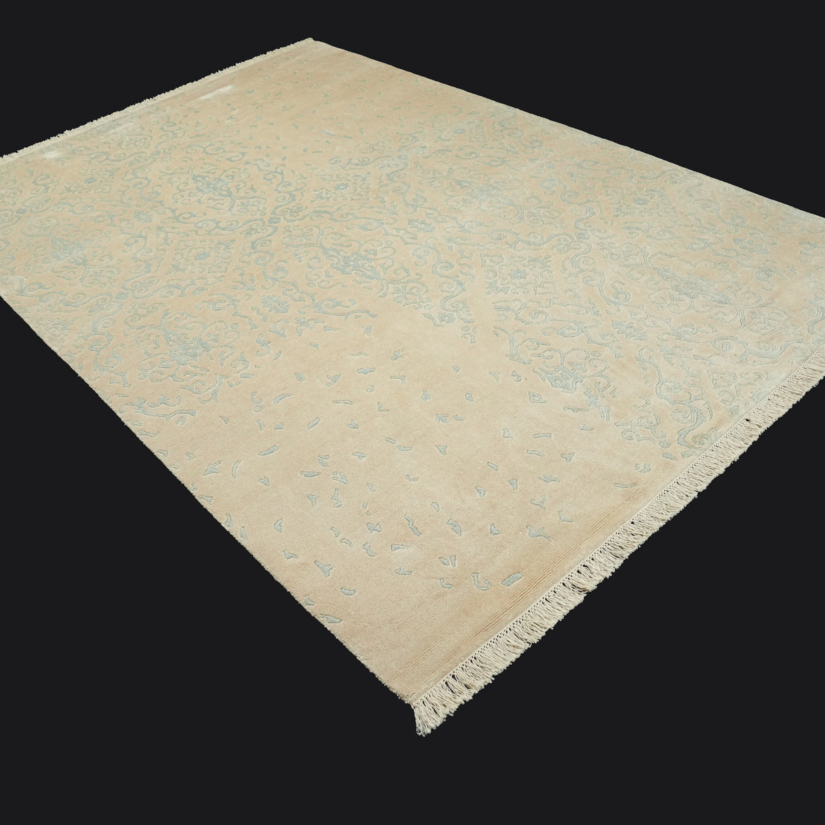 Ferforje Serisi El Dokuma Vintage Desenli Krem Mavi Halı, 90x150 – 230x330 cm — Halıcızade