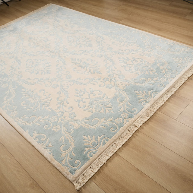 Fiber Serisi El Dokuma Damask Desenli Turkuaz Halı, 90x150 – 270x375 cm — Halıcızade
