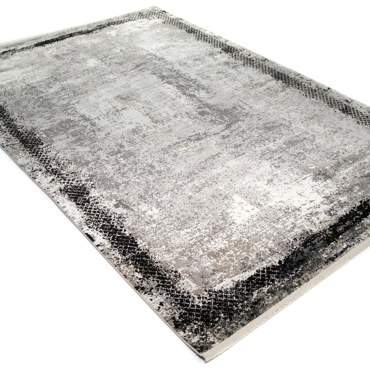 Fresco Series gray abstract acrylic rug — full length at an angle on white, the short end toward the camera