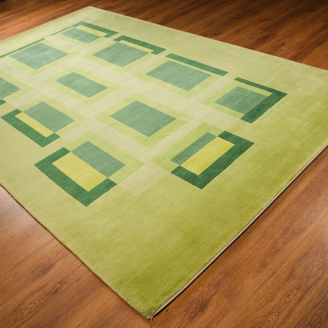 Green Geometric Hand-Knotted Wool Rug, 200×300 cm Halıcızade