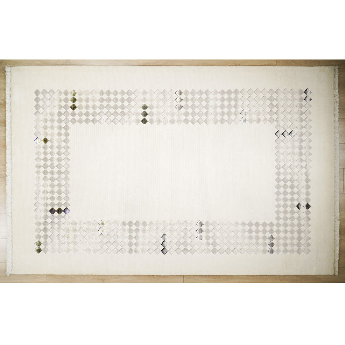 Cream Checkered-Border Hand-Knotted Wool Rug — modern design