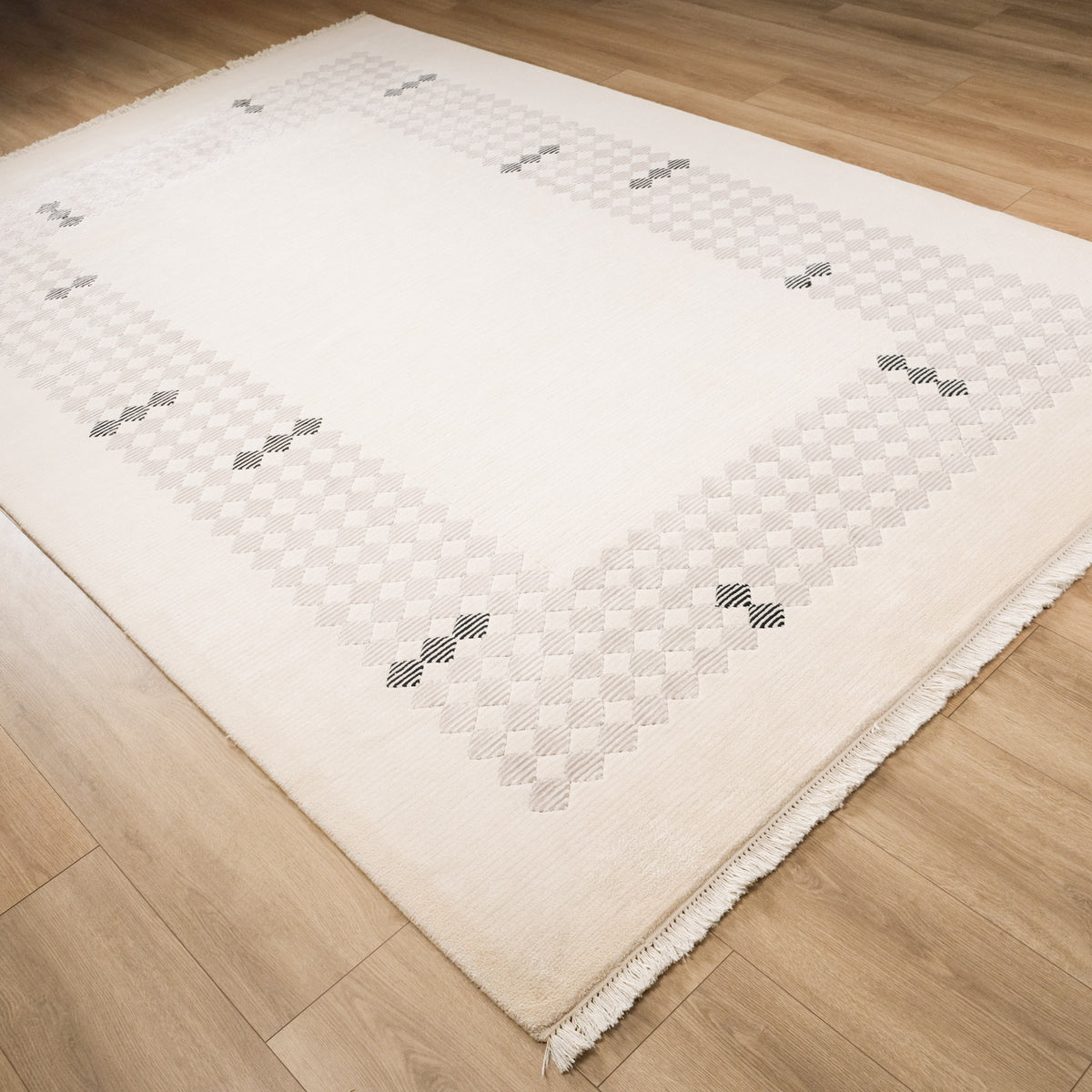 Cream Checkered-Border Hand-Knotted Wool Rug, Cream, 201x301 cm — Halıcızade