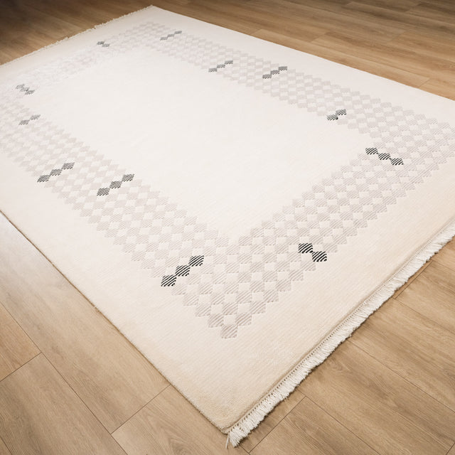 Damalı Bordürlü Krem El Dokuma Halı, 201×301 cm Halıcızade