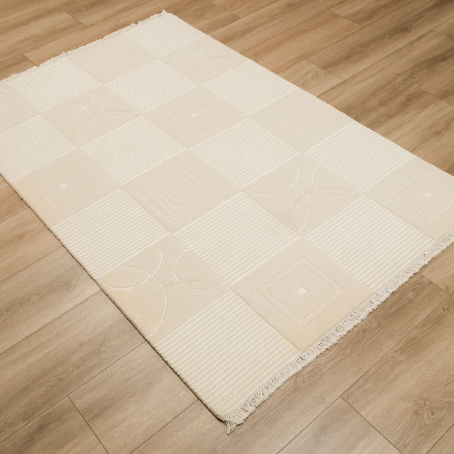 El Dokuma Geometrik Desenli Krem Yün Halı, 80×200 – 80×300 cm Halıcızade